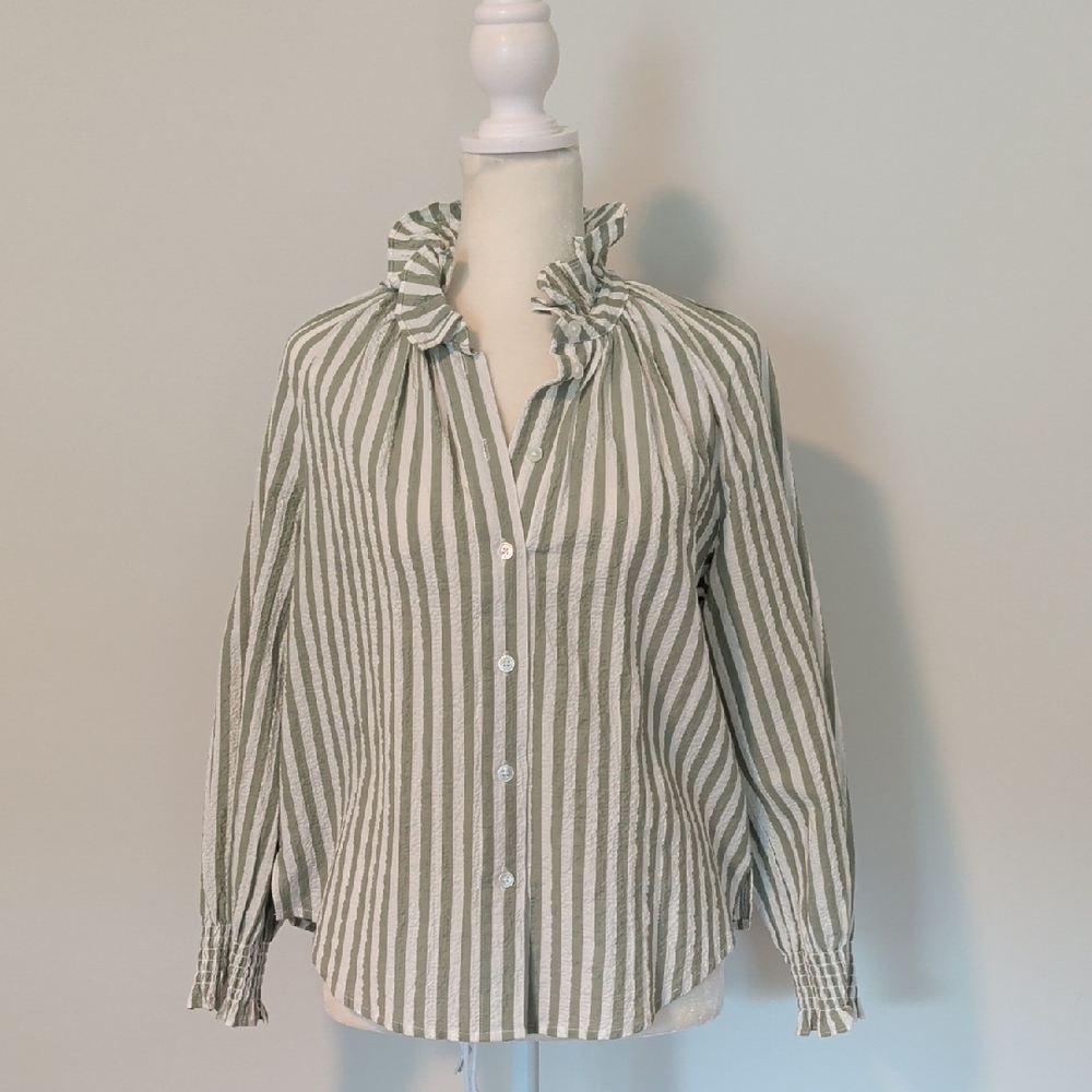 Veronica Beard Olive and White Striped Ruffle Shirt